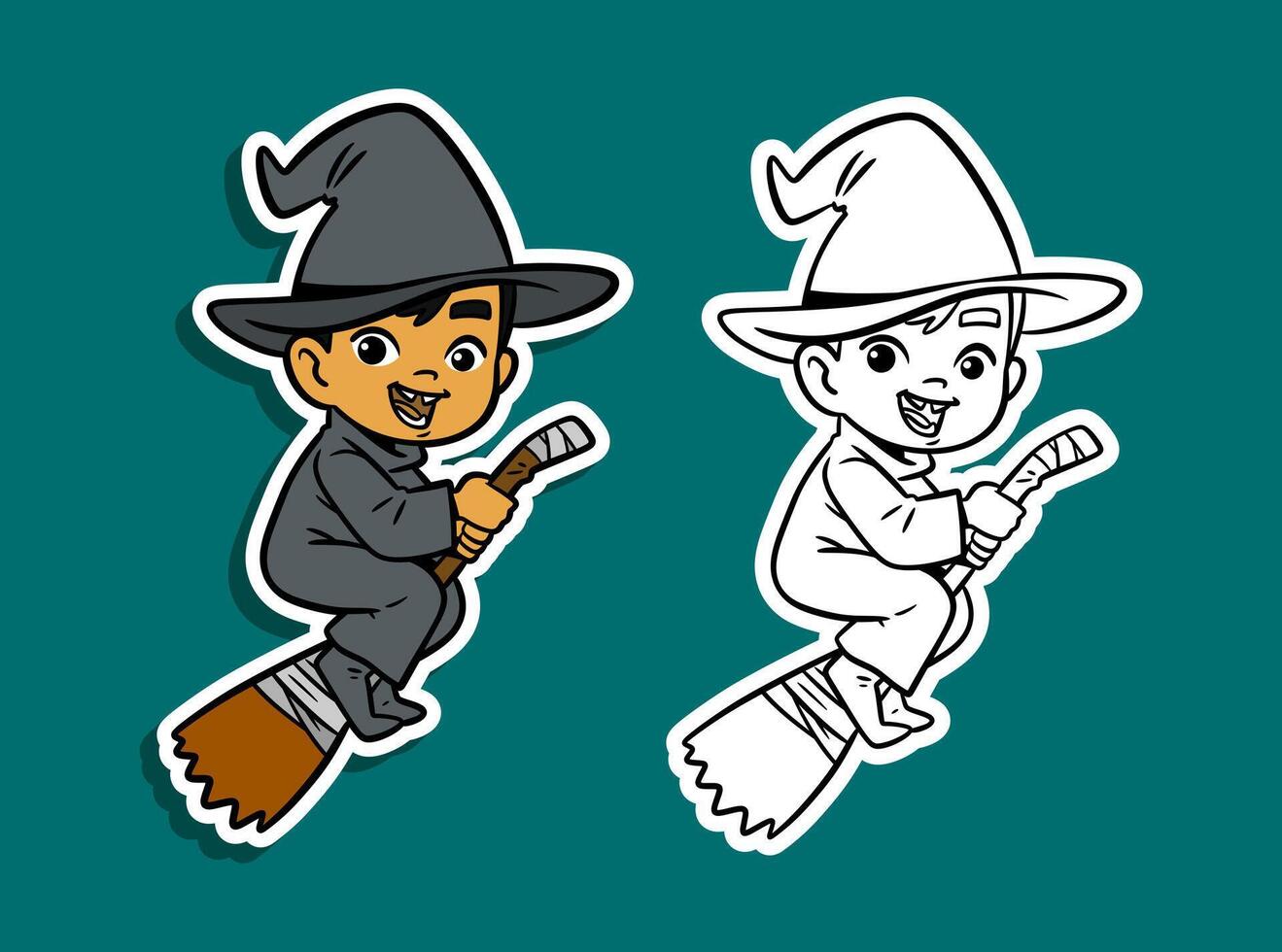 A cute cartoon boy dressed as a witch flying on a broomstick for Halloween vector