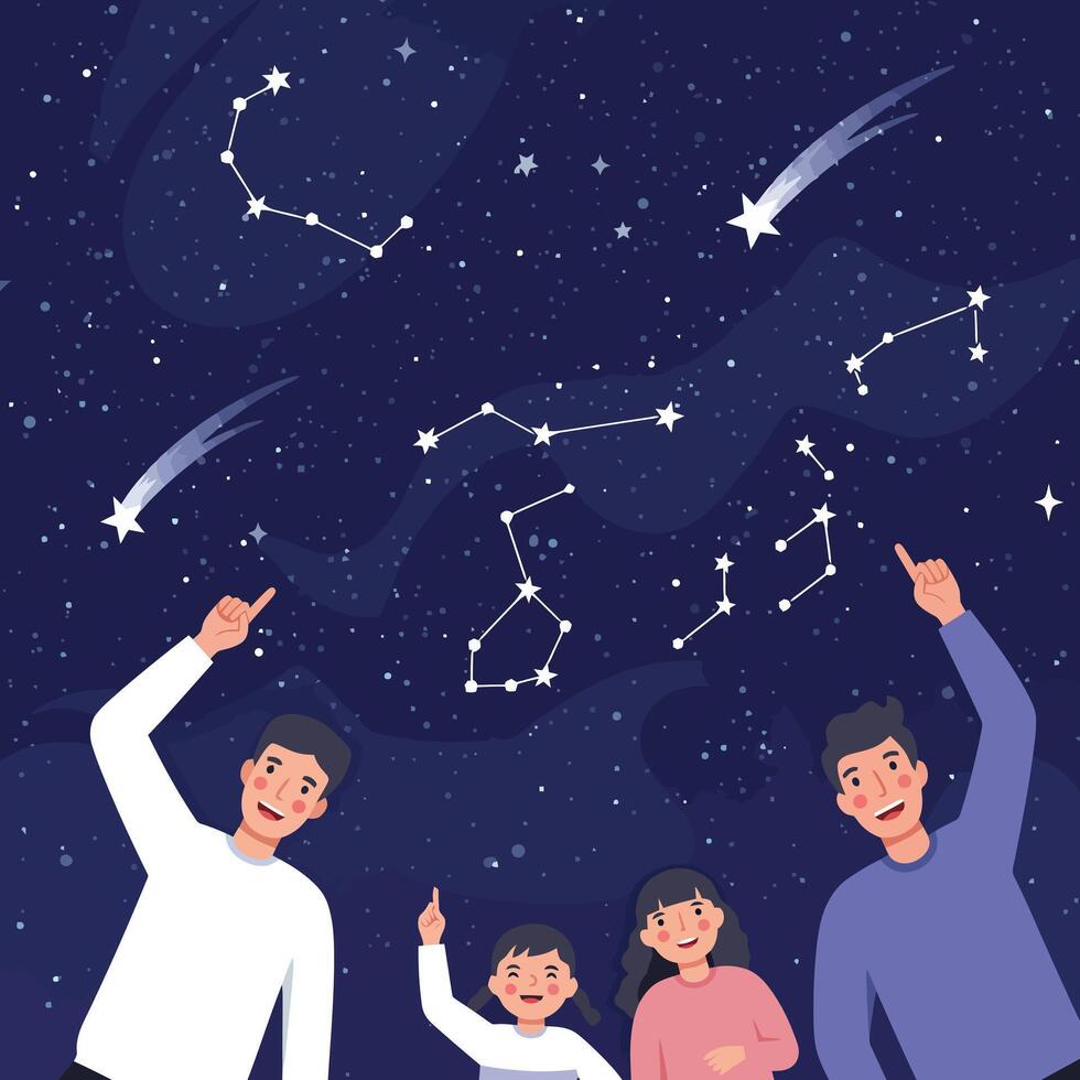 Family Looking at Star Constellations and Shooting Star at Night vector