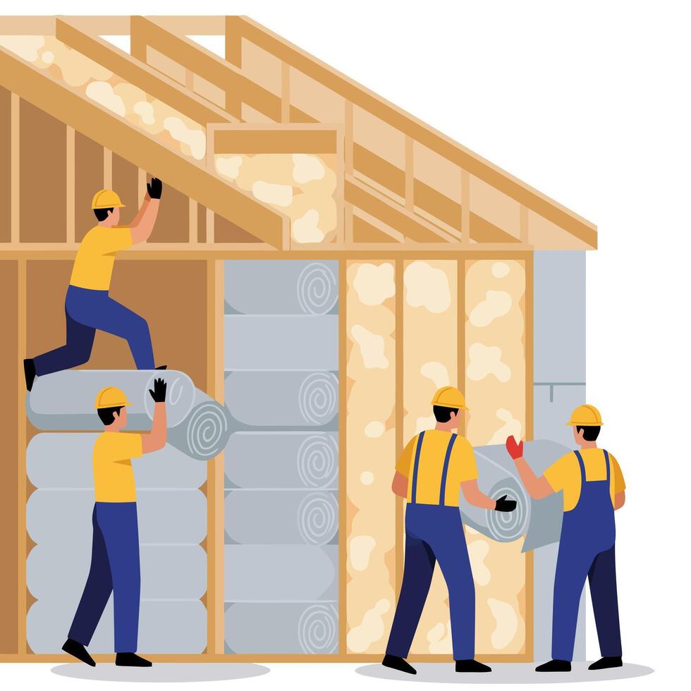 Workers Installing Insulation in House Construction for Energy Efficiency vector