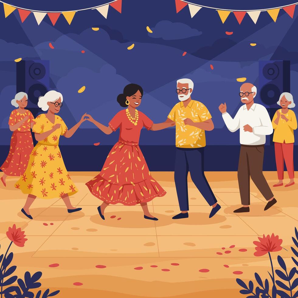 Seniors Enjoying a Dance Party with Music and Festive Decorations vector