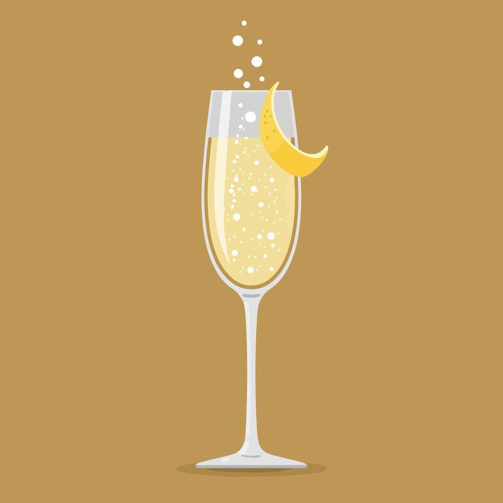 Sparkling Champagne Glass with Lemon Slice and Bubbles Illustration vector