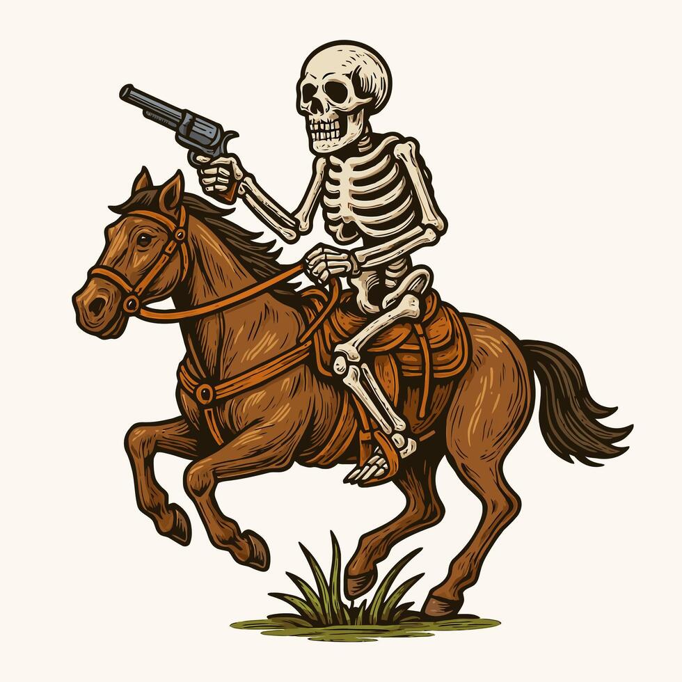 Skeleton Riding Horse Aiming Gun Illustration Cartoon Style Design vector