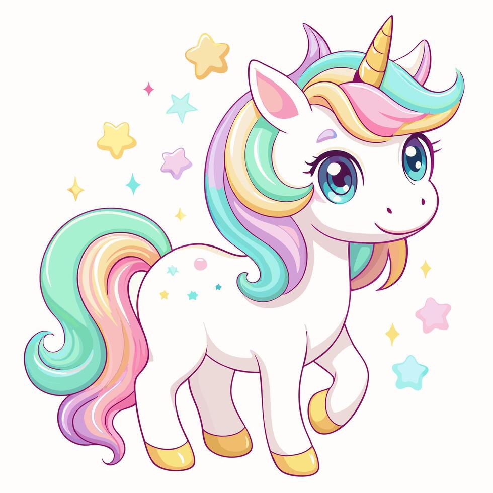 Cute and Magical Unicorn with Rainbow Mane and Golden Horn vector