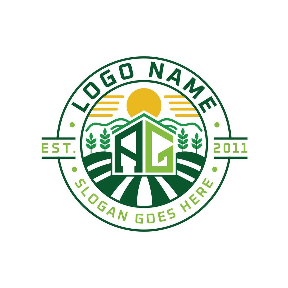 Modern Farmhouse AG Logo Design. Letter AG Agriculture Logo with Sun, Field, and Nature Elements vector