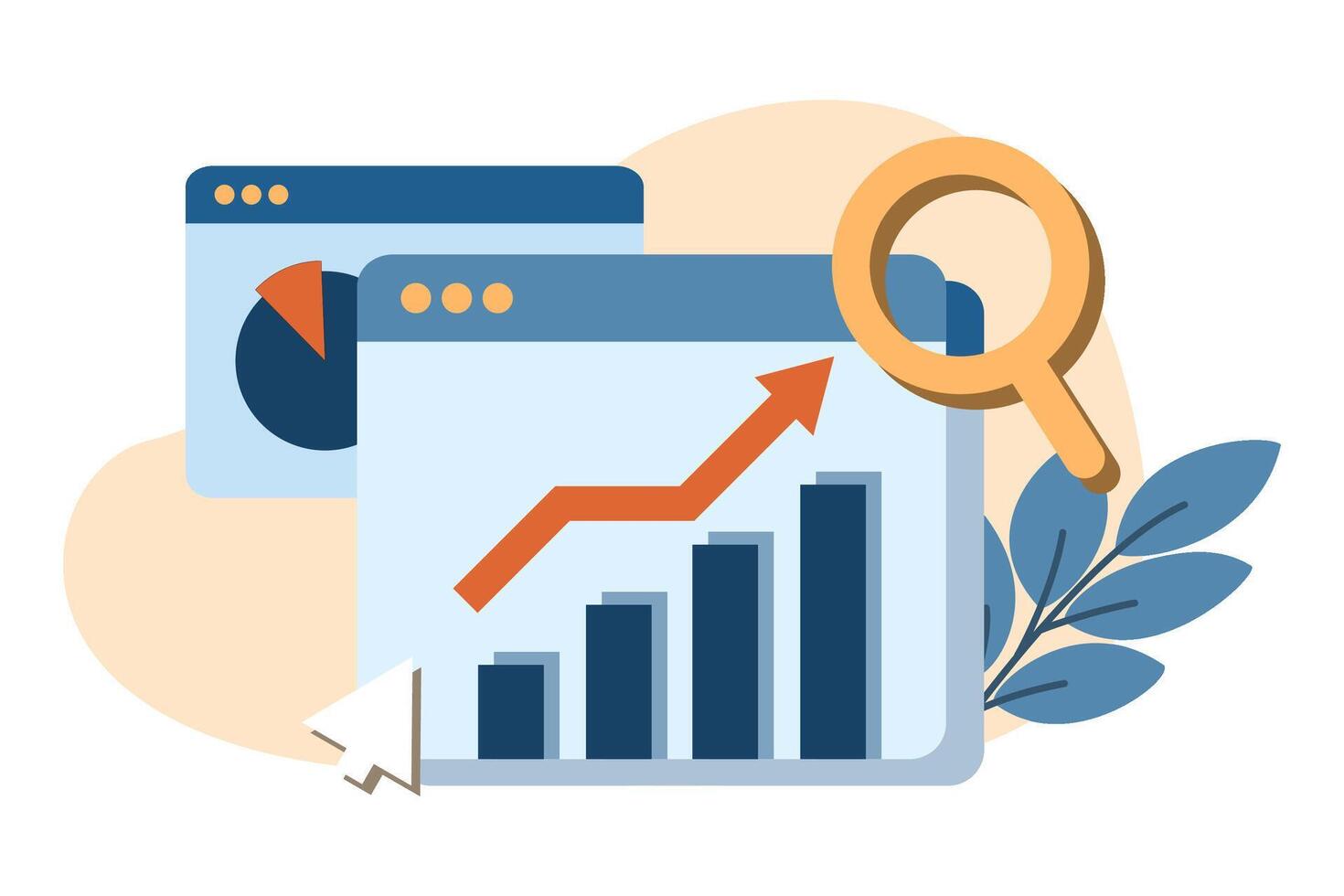 business online market research and data analysis with rising graph on screen. no people. flat illustration blue and orange color isolated on white background. vector