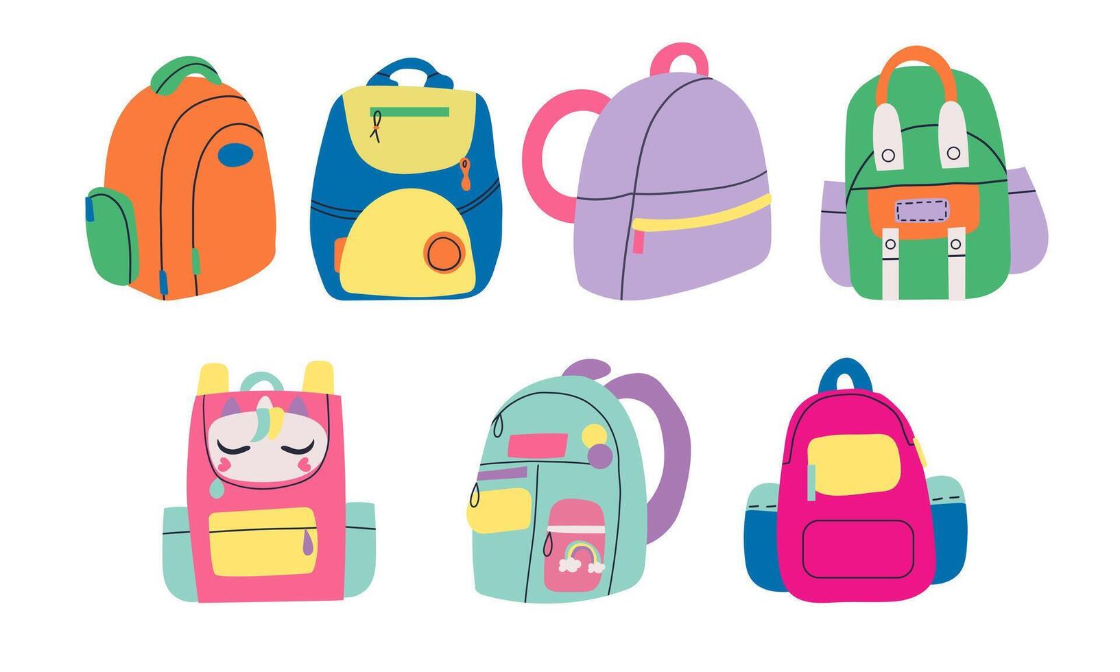 Set of colorful school bags different shapes. Collection of backpack for children. Hand drawn illustration isolated on white background. Modern flat cartoon style. vector