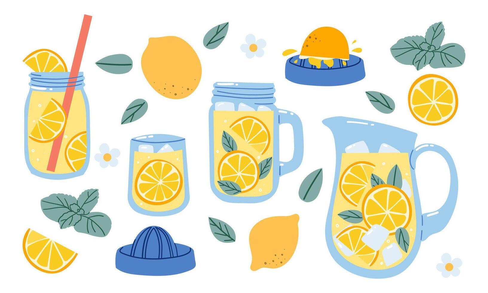 Homemade lemonade set. Fresh juicy lemon drinks and fruits. Tropic summer mint cocktails. Hand drawn illustration isolated on white background vector