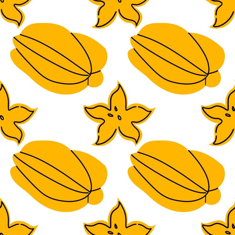 Carambola. Fruit seamless pattern with Carambola. Design for fabric, textile, wallpaper, packaging. Hand drawn flat illustration isolate on white. vector