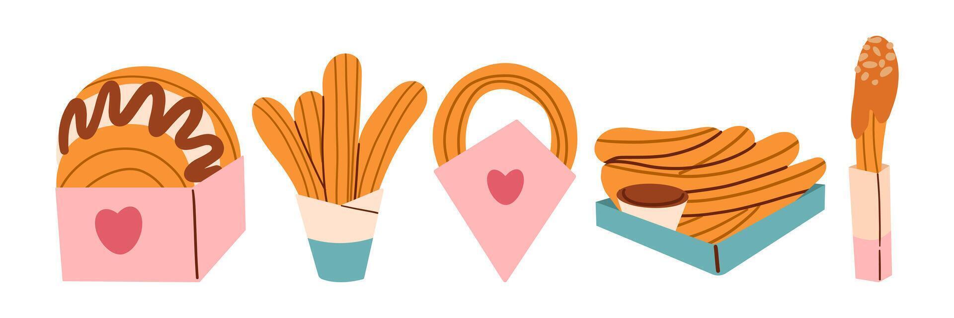 Churros set illustration. Cartoon sweet takeaway fast food collection with churro sticks in paper bags and packages with cups of chocolate sauces and dips, fried dessert on plate vector
