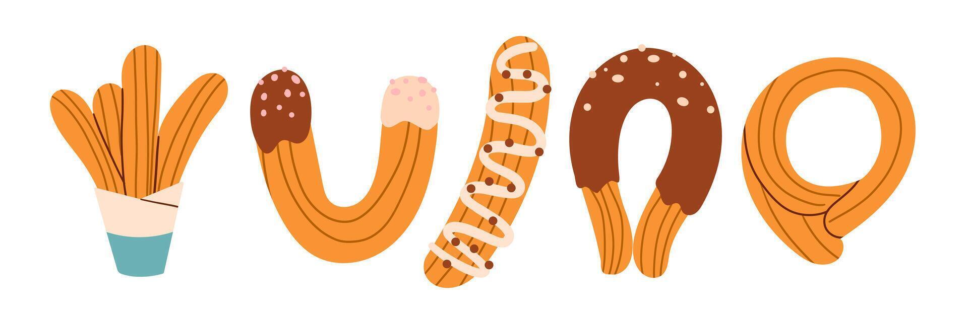 Churros set illustration. Cartoon isolated sweet takeaway fast food collection with churro sticks in paper bags and packages with cups of chocolate sauces and dips, fried dessert vector