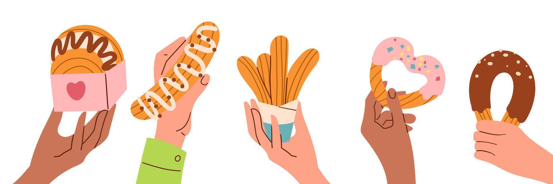Hand with Churros set illustration. Cartoon isolated sweet takeaway fast food collection with churro sticks in paper bags and packages with cups of chocolate sauces and dips, fried dessert on plate vector