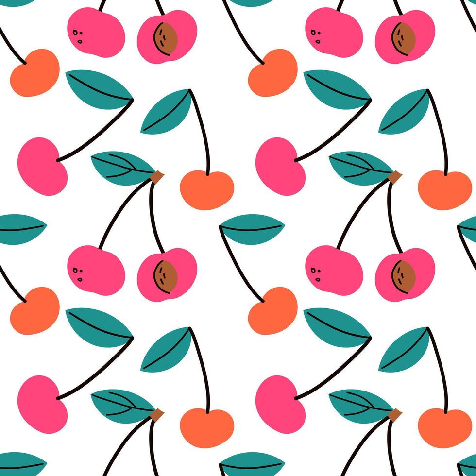 Cherry seamless pattern design for background, wallpaper, carpet, textile design, fabric, blanket, card , wrapping paper , notebook diary cover. Hand drawn flat illustration isolate on white . vector
