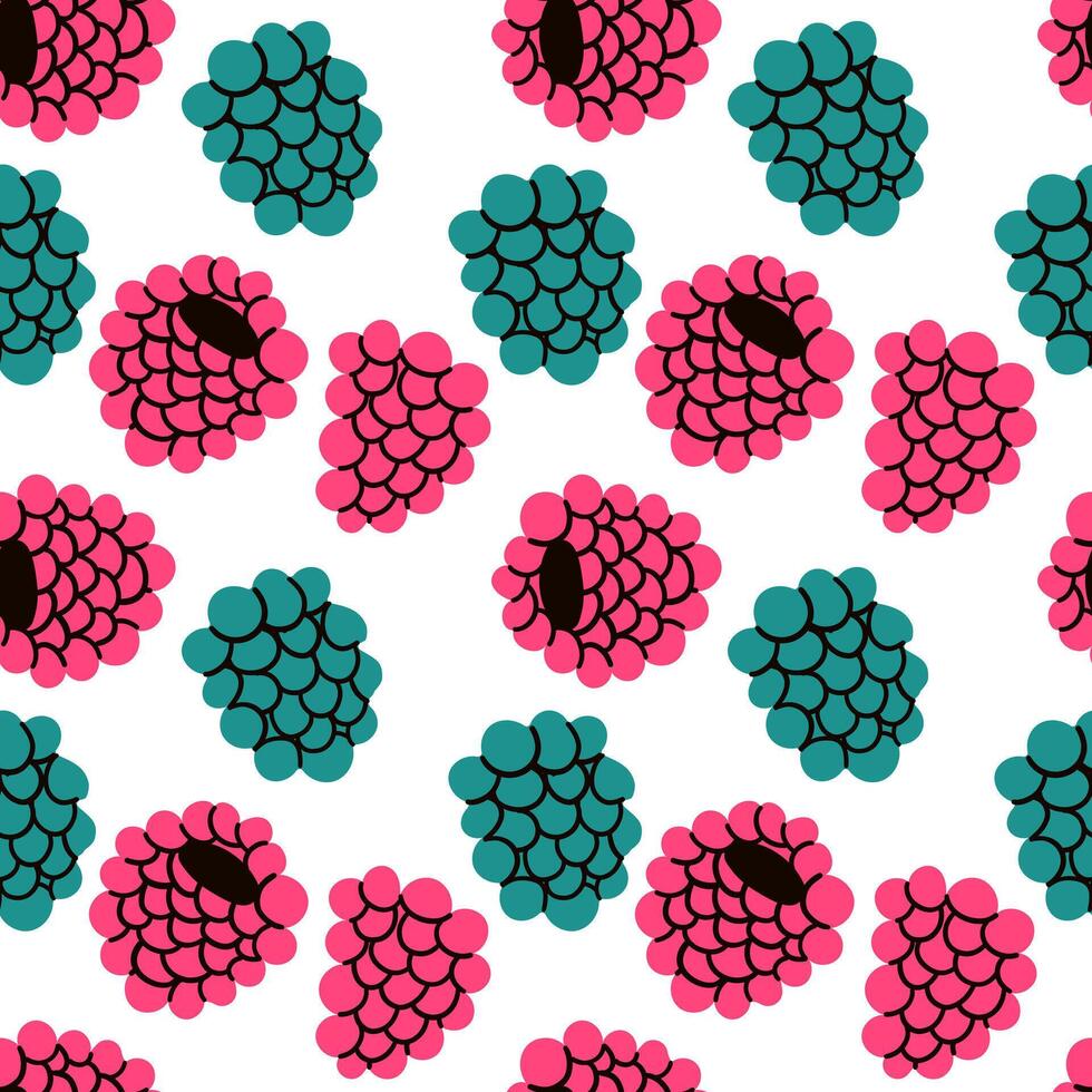 Raspberries of various shapes and sizes. Seamless pattern in . Suitable for backgrounds and prints. Hand drawn flat illustration pattern for web and fabric print design . vector
