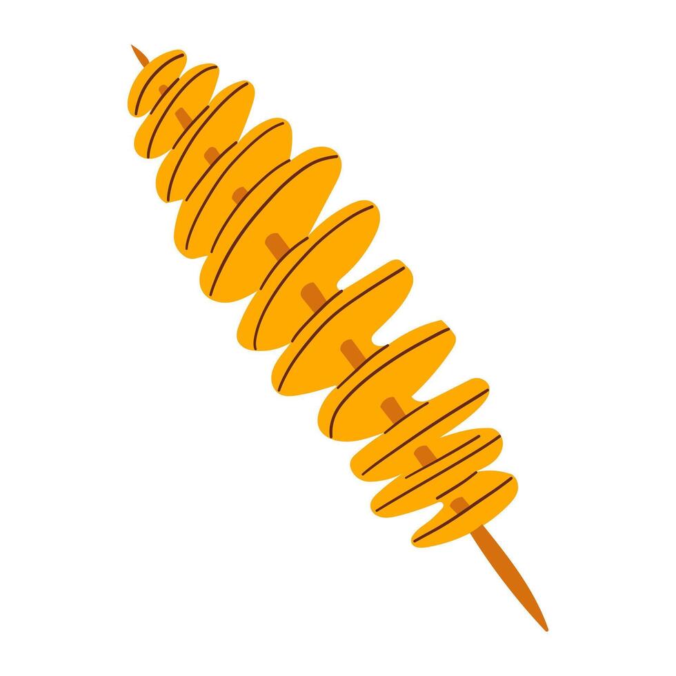 Tornado potato on wooden stick, fried crispy spiral chips. Design for menu street cafe or packages fast food takeaway. realistic illustration with lettering. vector