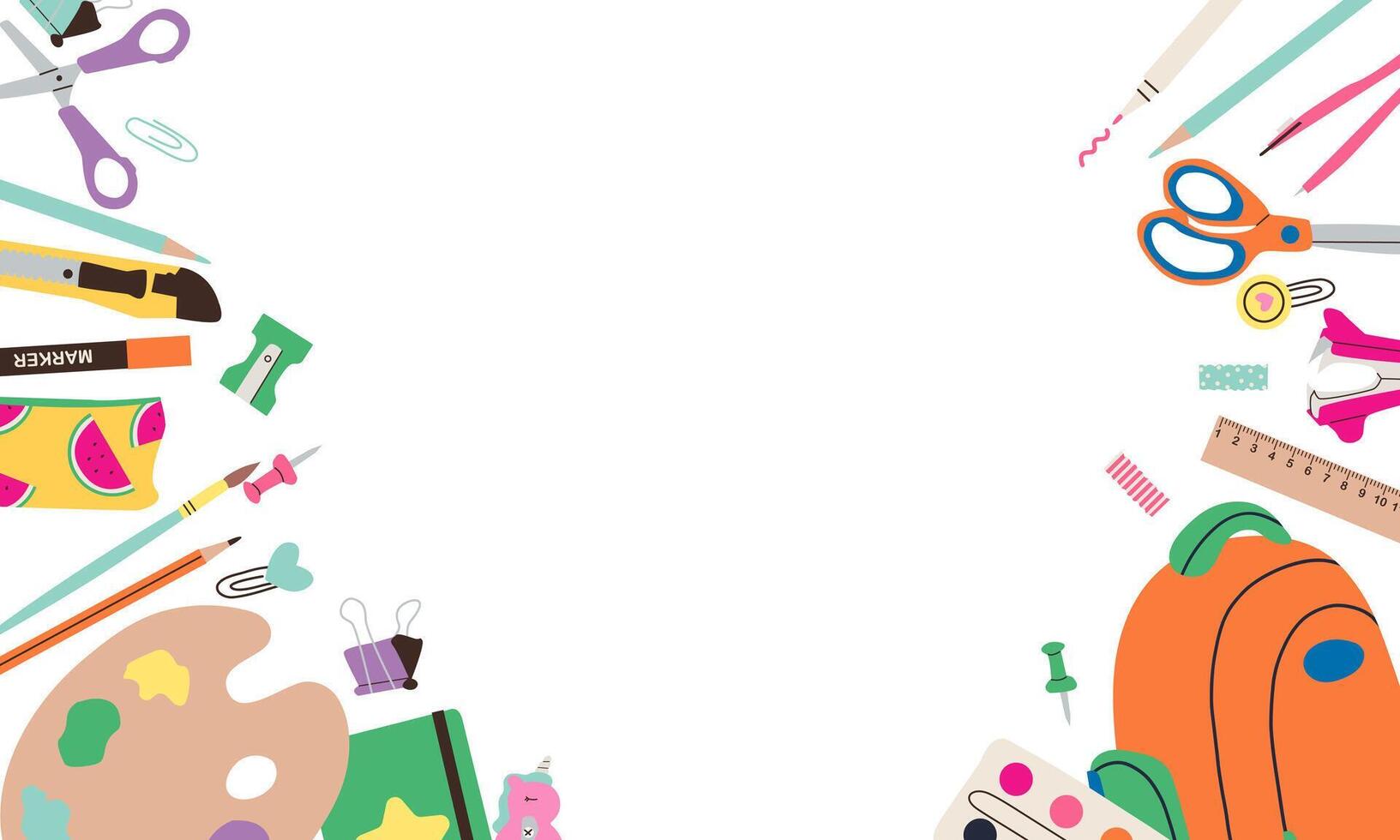 Back to School Social Media Template. School Time Announcement . school supplements on white background , hand drawn cute flat illustration back to school . vector