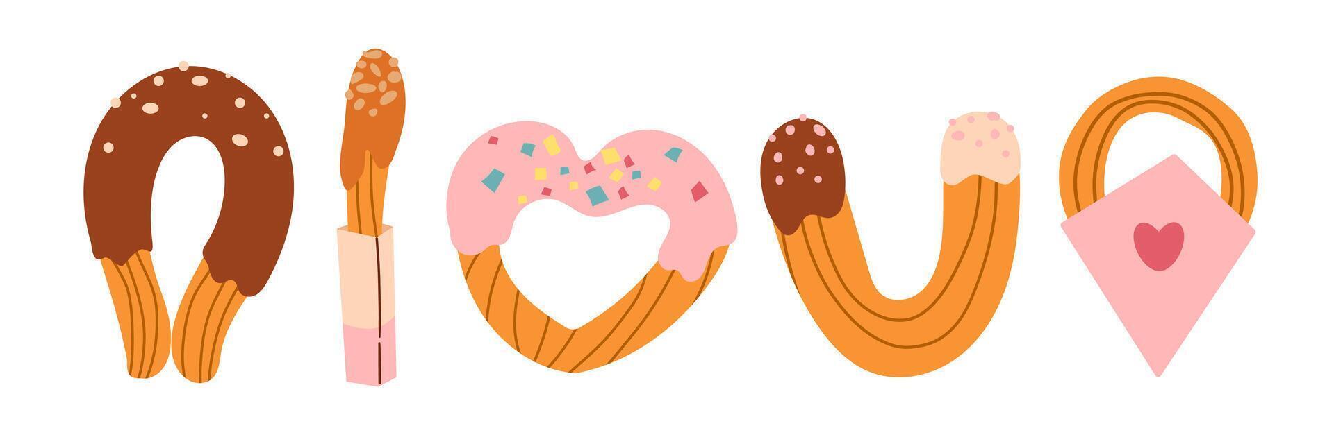 Churros set illustration. Cartoon isolated sweet takeaway fast food collection with churro sticks in paper bags and packages with cups of chocolate sauces and dips, vector