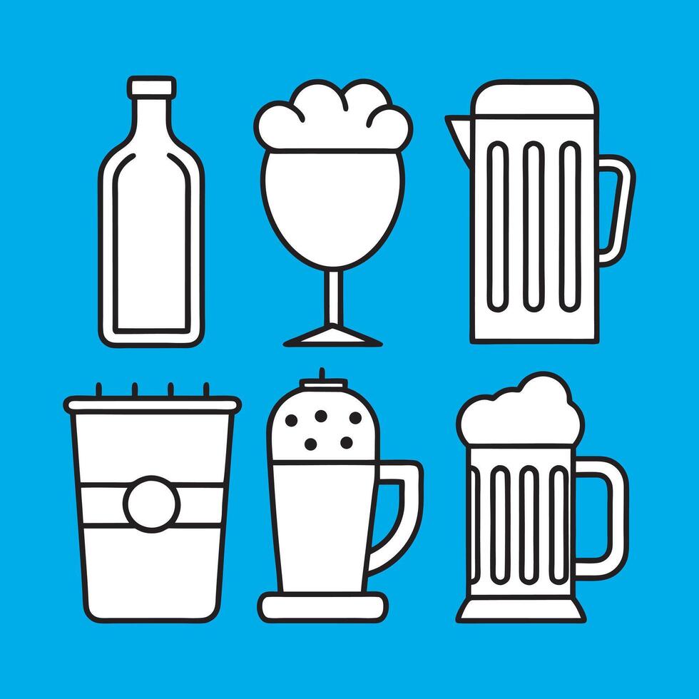 Coffee and alcohol drinkware icons including French press mugs and pint glasses vector