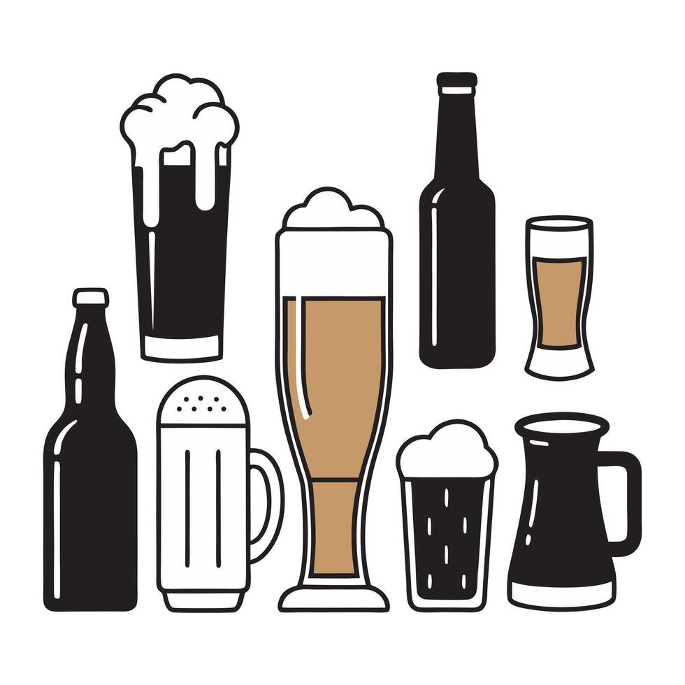 Drink glass and bottle flat illustrations ideal for pub and restaurant branding vector