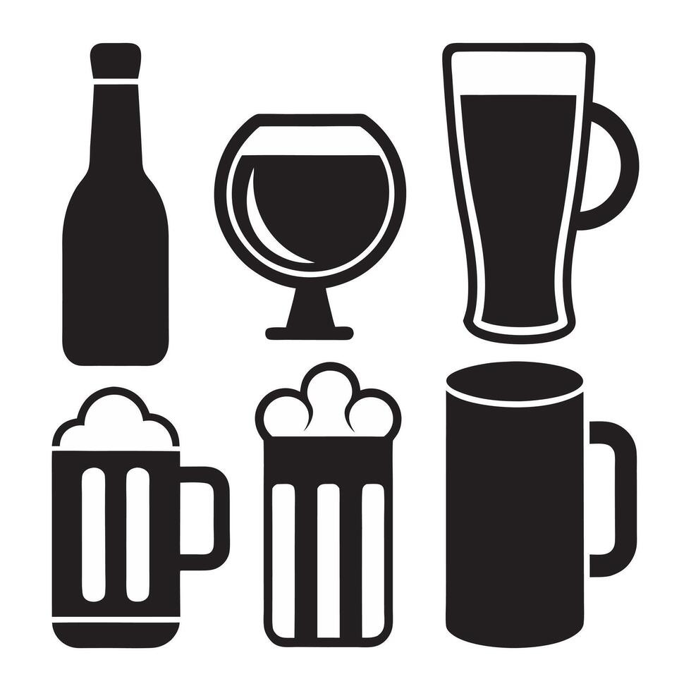 Minimalist drink icons set featuring mugs bottles and cocktail glasses vector
