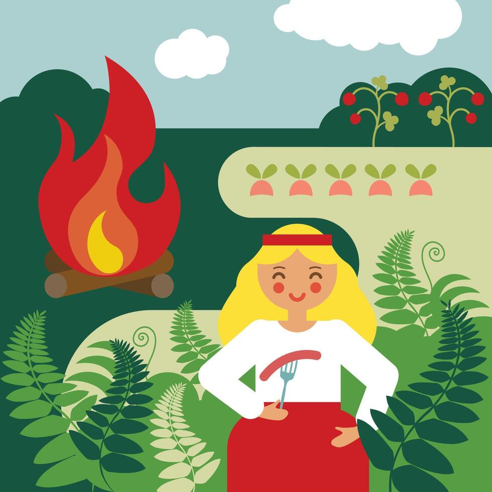 Midsummer celebration. Summer solstice day - Ligo. Latvian national event celebrated in nature. Ligo girl in fern illustration vector