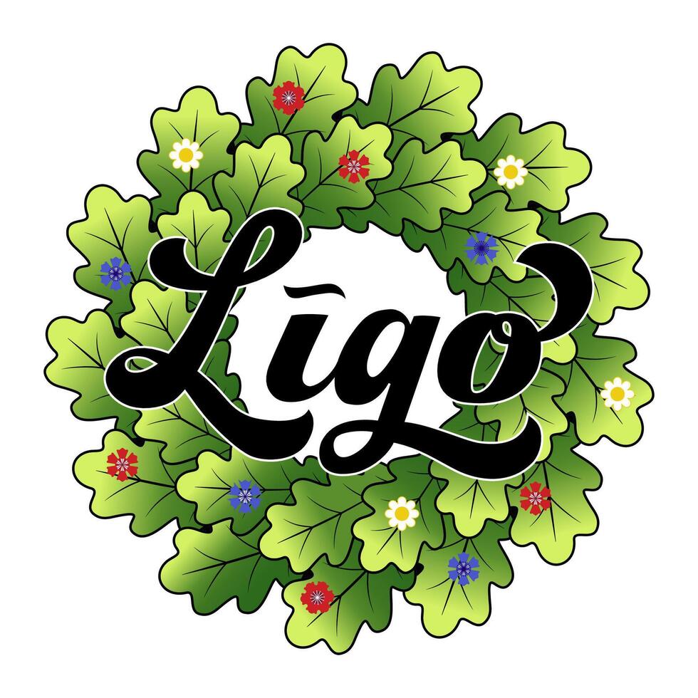 Ligo oak wreath with flowers logo illustration, lettering. Midsummer, summer Solstice vector