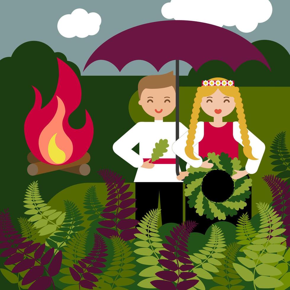 Midsummer celebrating, girl and boy with umbrella, summer solstice day, ligo - latvian national summer event, people in traditional costumes in nature vector