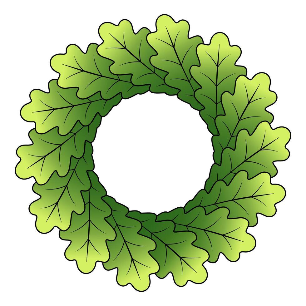 Ligo oak wreath illustration, symbol of Ligo - latvian traditional Midsummer folk holiday. Green oak leaves on white background, leaves with gradient and black outline vector