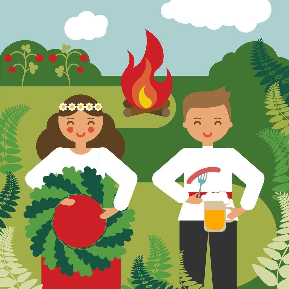 Midsummer man and woman celebrating in green field, summer solstice day, ligo - latvian national summer event, people in traditional costumes in nature vector
