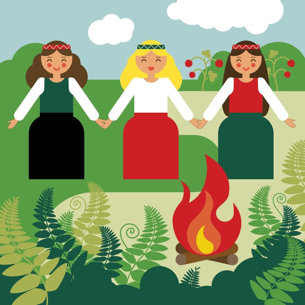 Midsummer dancing girls in green field, summer solstice day, ligo - latvian national summer event, girls in traditional costumes in nature vector