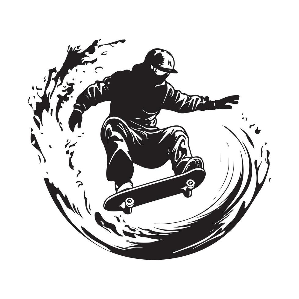 Silhouette action skate board logo Image isolated on white background vector