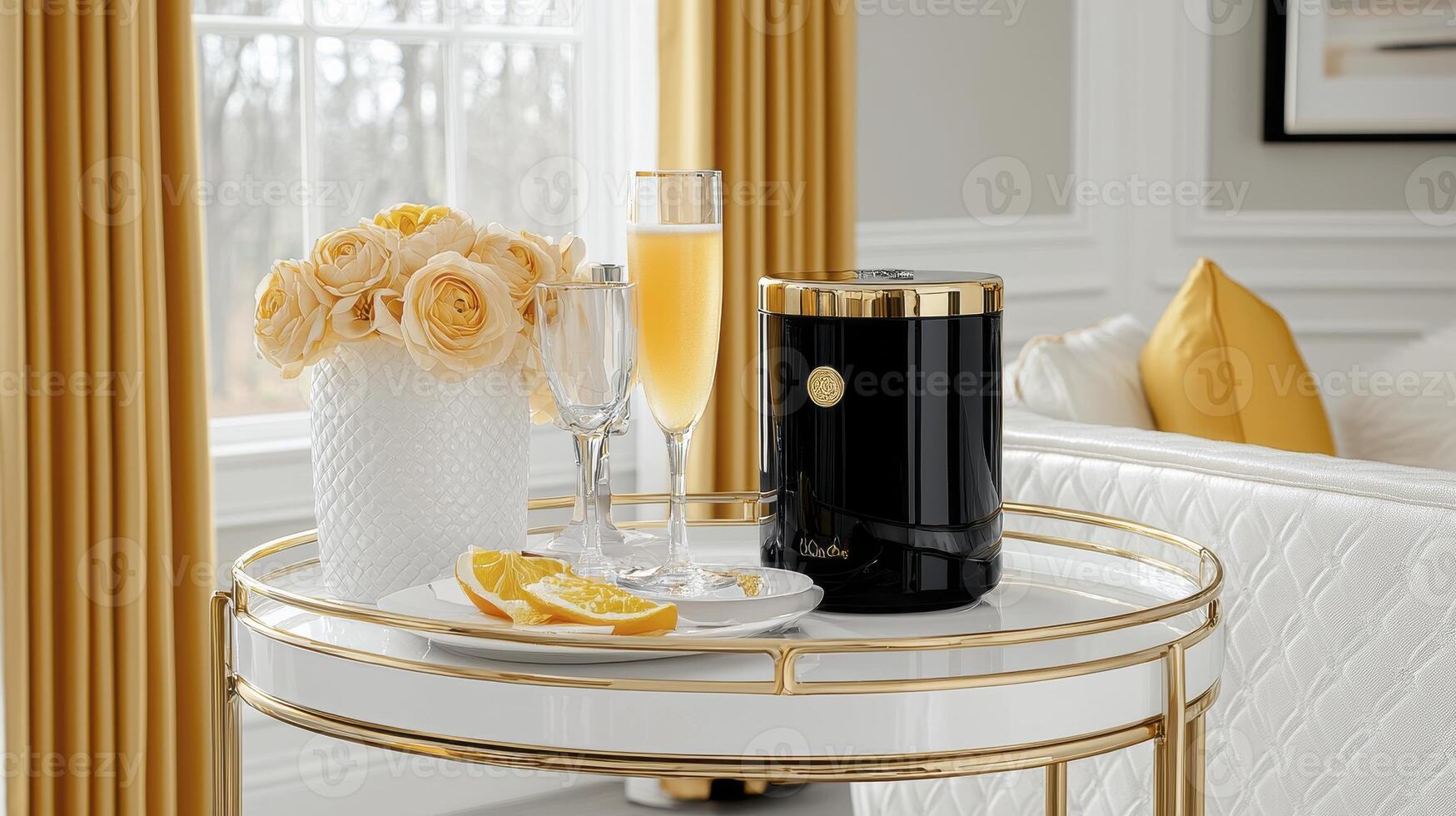Elegant Champagne Brunch Setting with Gold Bar Cart and Flowers photo