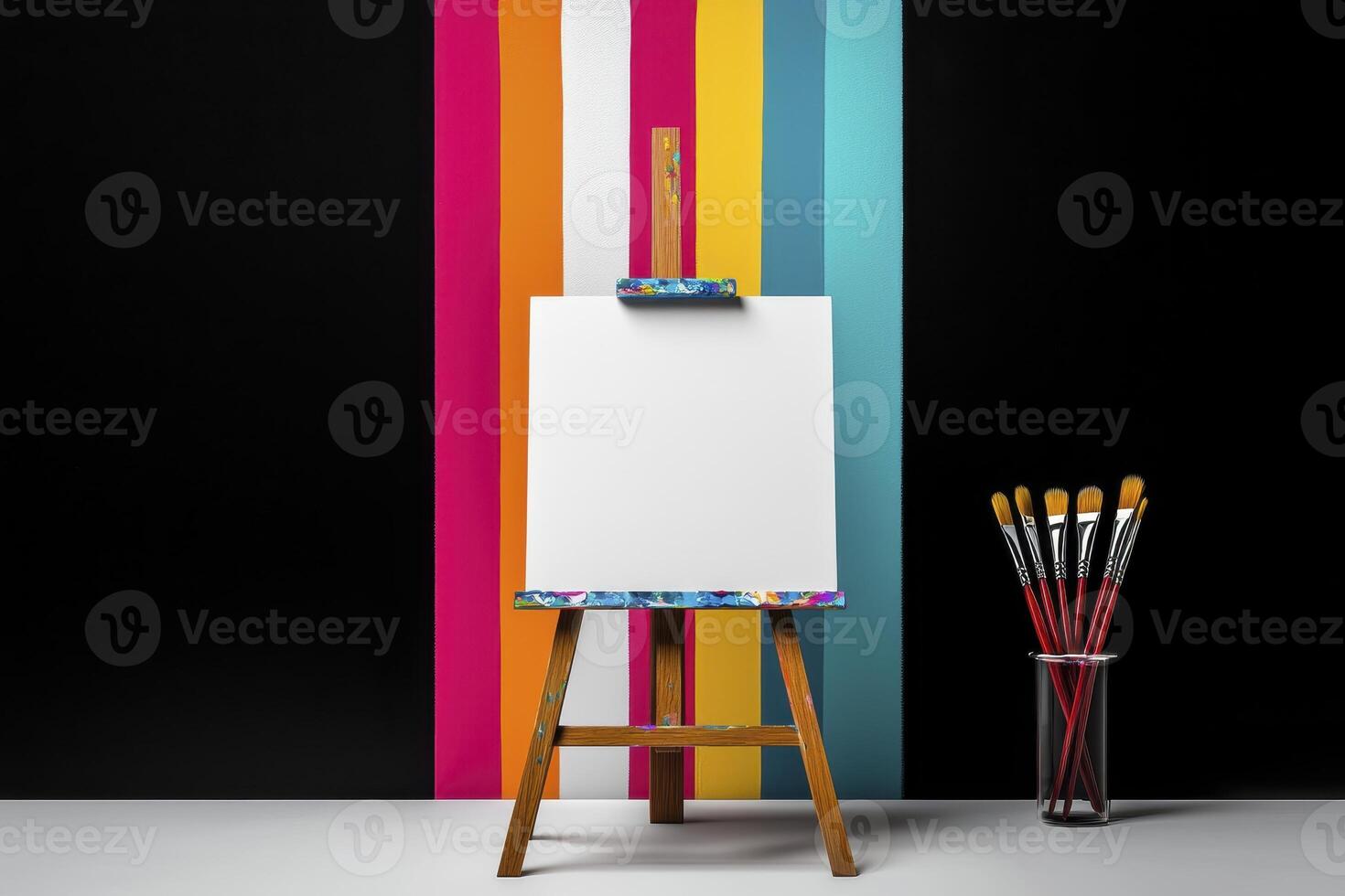 Blank Canvas on Easel with Paintbrushes and Colorful Striped Background photo