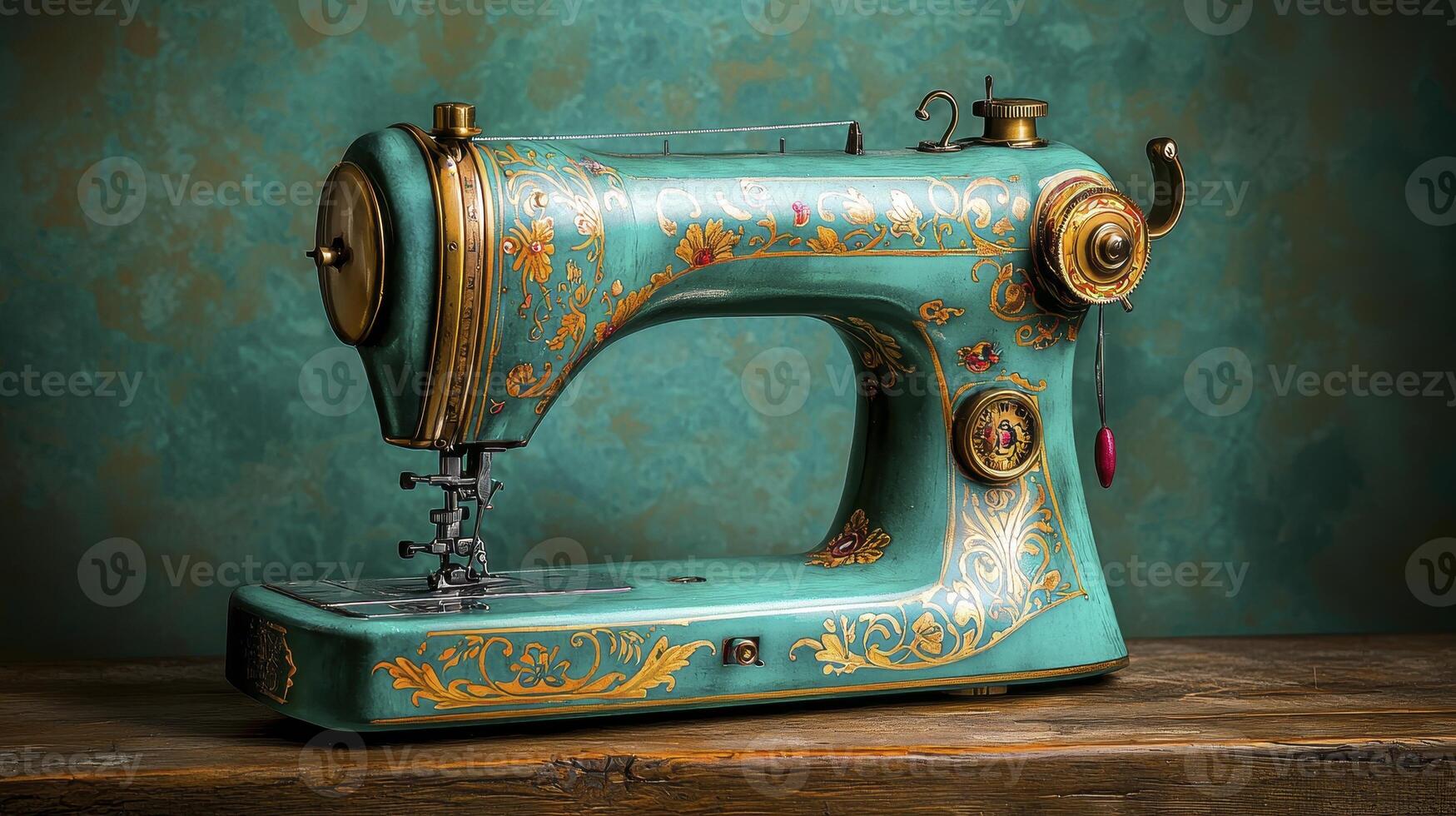 Antique Teal Sewing Machine with Gold Accents on Wooden Surface photo
