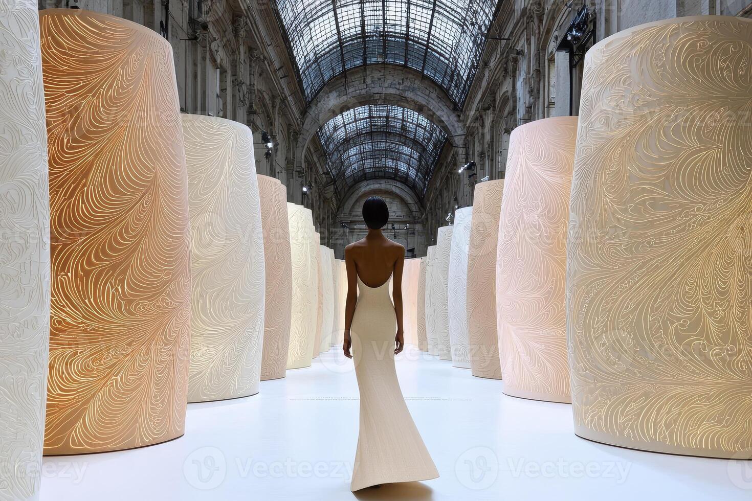 Elegant Model in White Gown Walking Down a Runway with Illuminated Cylindrical Structures photo
