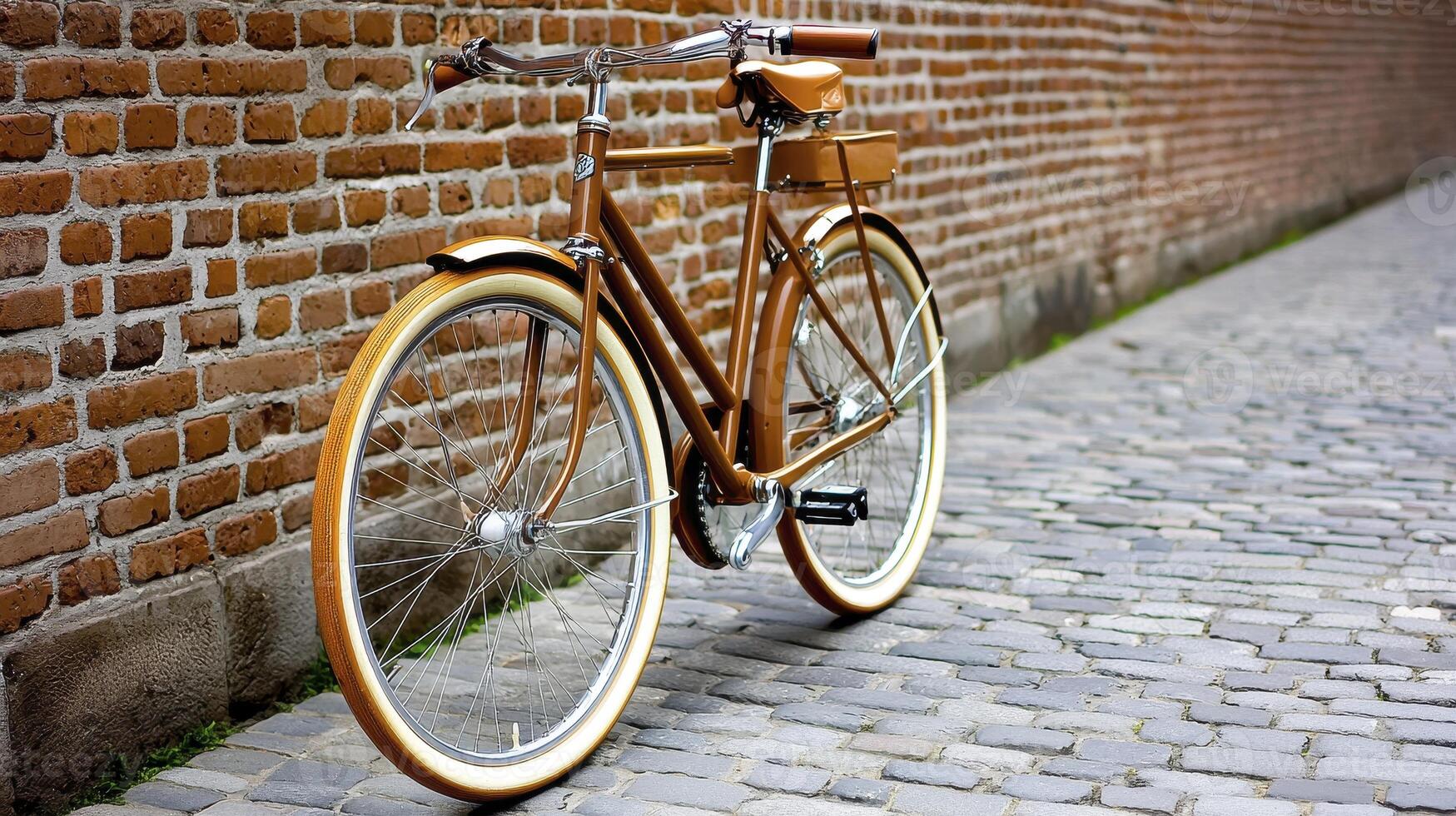 Brown Vintage Bicycle Leaning Against Red Brick Wall in Cobblestone Alley photo