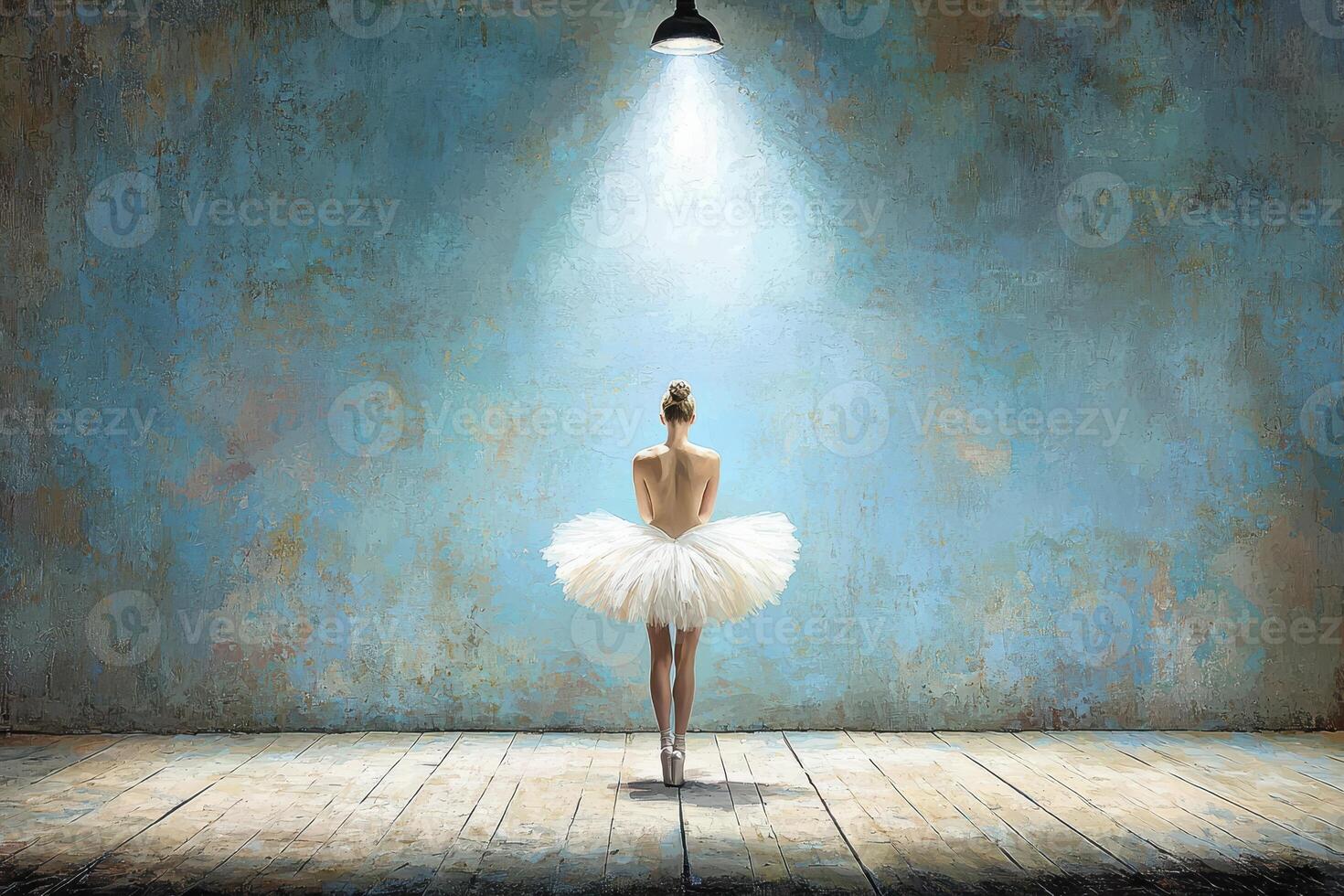 Elegant Ballerina in White Tutu Posing Under Spotlight on Wooden Stage Before Textured Blue Wall photo