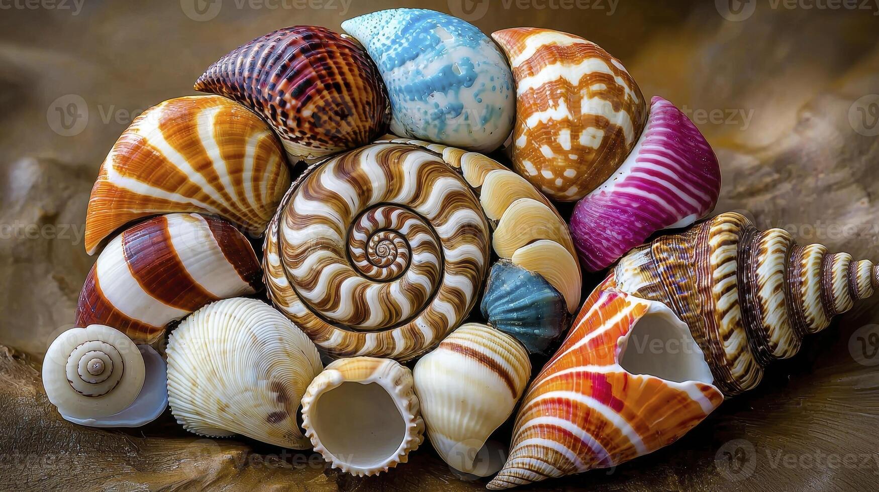 Colorful Seashell Collection on Brown Textured Background photo