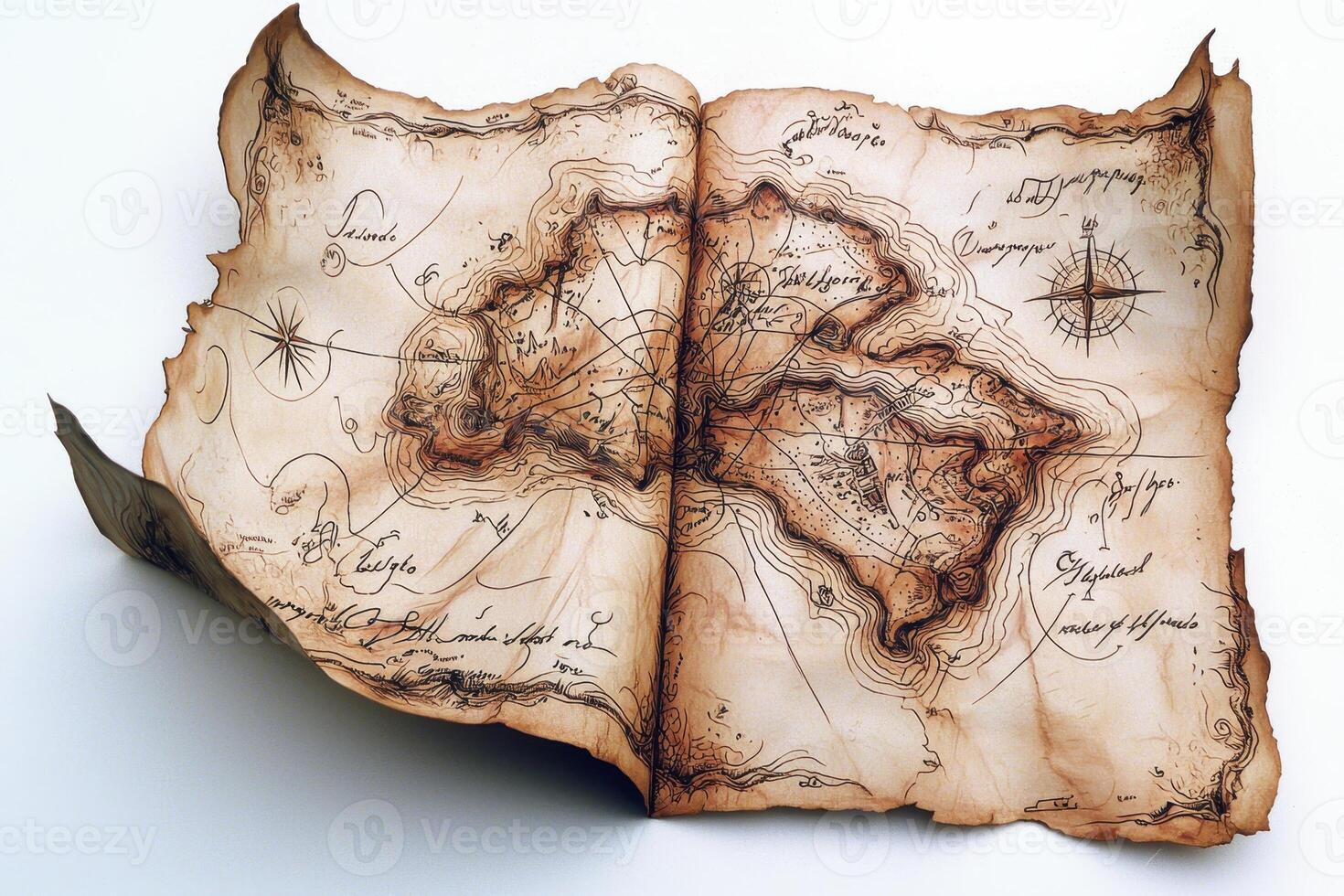 Aged Parchment Treasure Map with Burn Marks on White Background photo