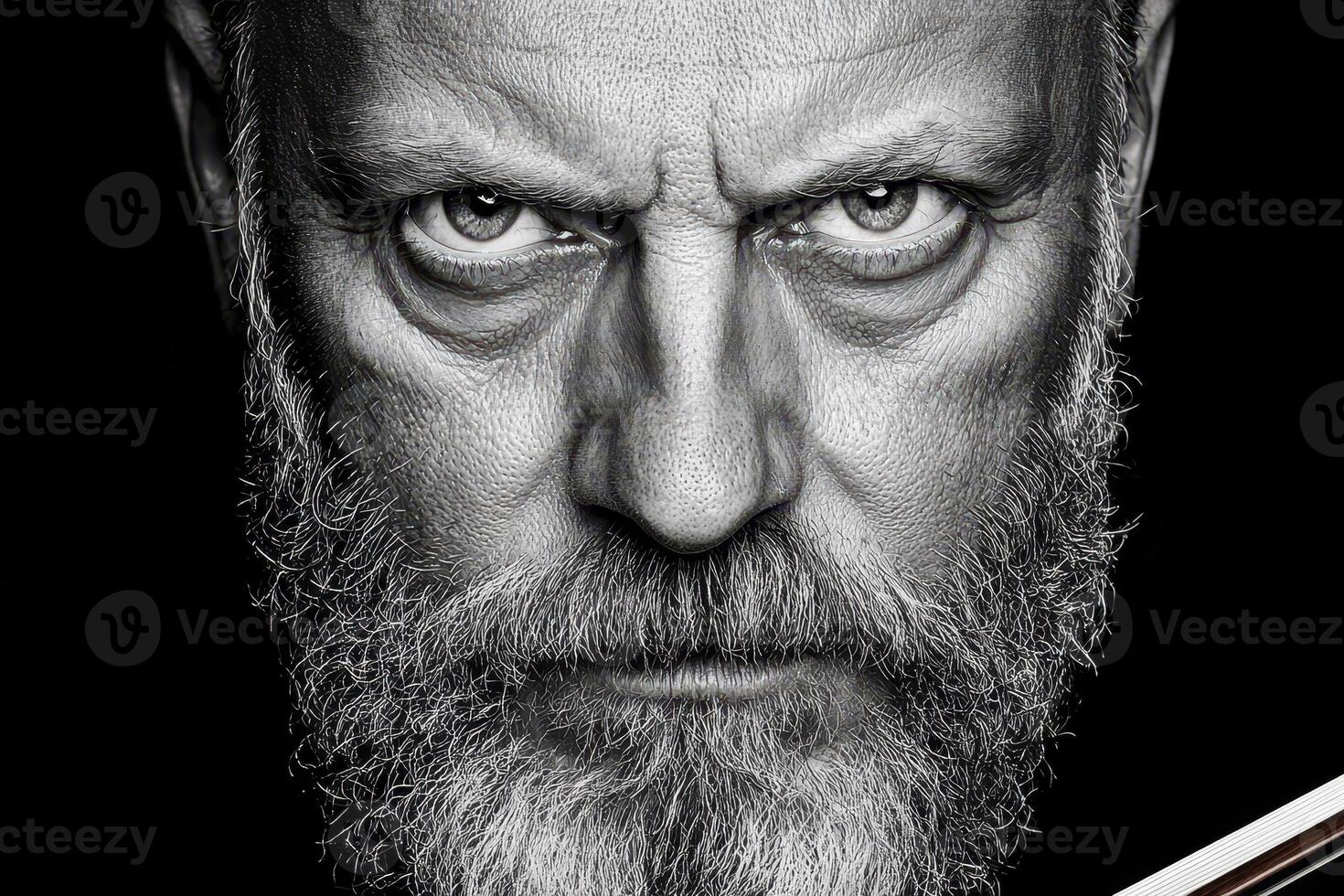 Close Up Black And White Portrait Of A Mature Man With Intense Gaze photo