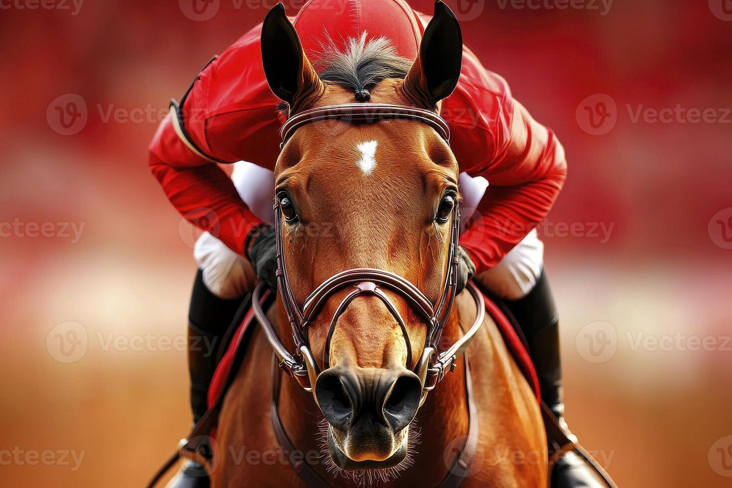 Close Up of Jockey and Brown Horse Racing in Reddish Field photo