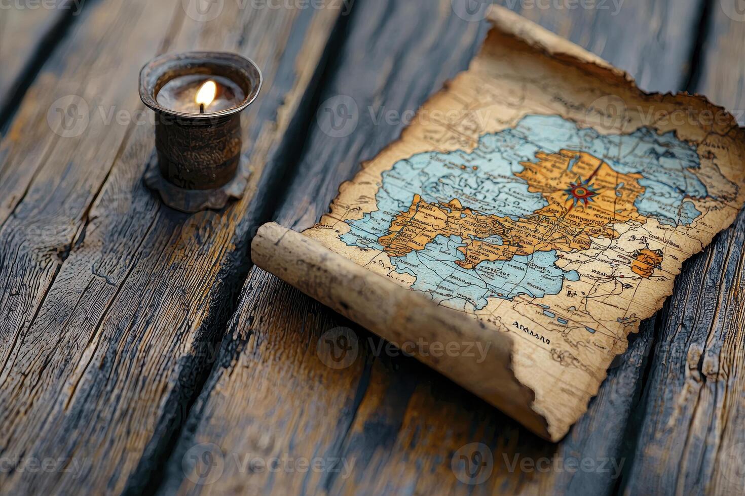 Aged Treasure Map and Lit Candle on Dark Wooden Surface photo