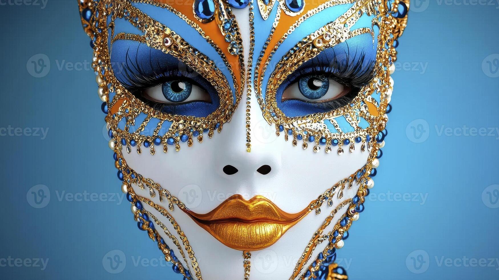 Closeup of Woman in Intricate Blue Gold White Venetian Mask on Light Blue Background photo