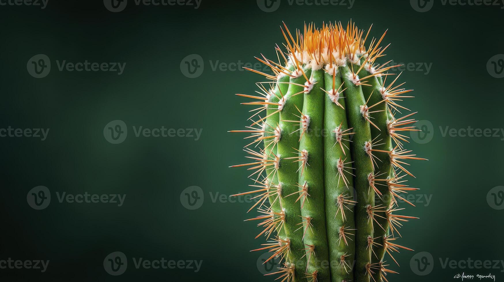 Close Up of Green Cactus with Orange Spines Against Dark Green Background photo