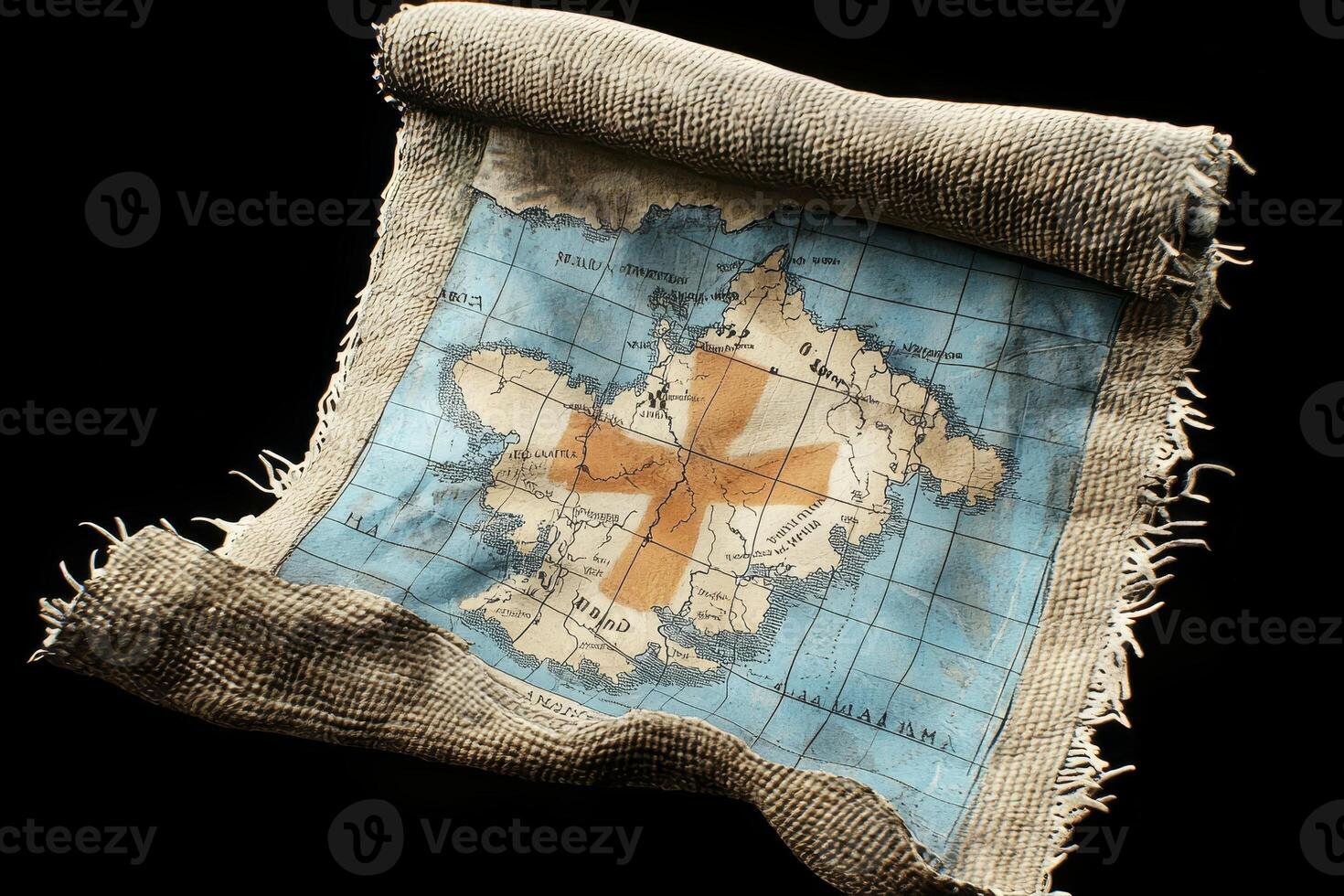 Aged Fabric Scroll Map with Central Cross on Black Background photo