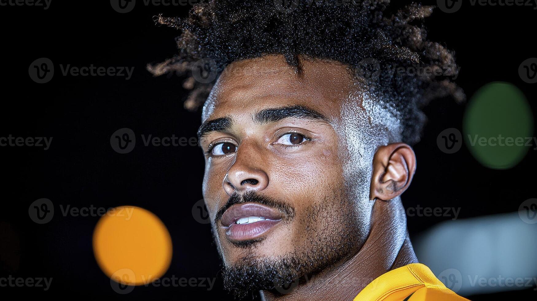 Close Up Portrait of Young Man with White Powder on Face and Hair photo