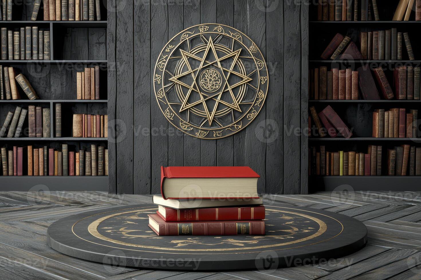 Antique Books Stacked on Circular Platform in a Dark Library Setting photo