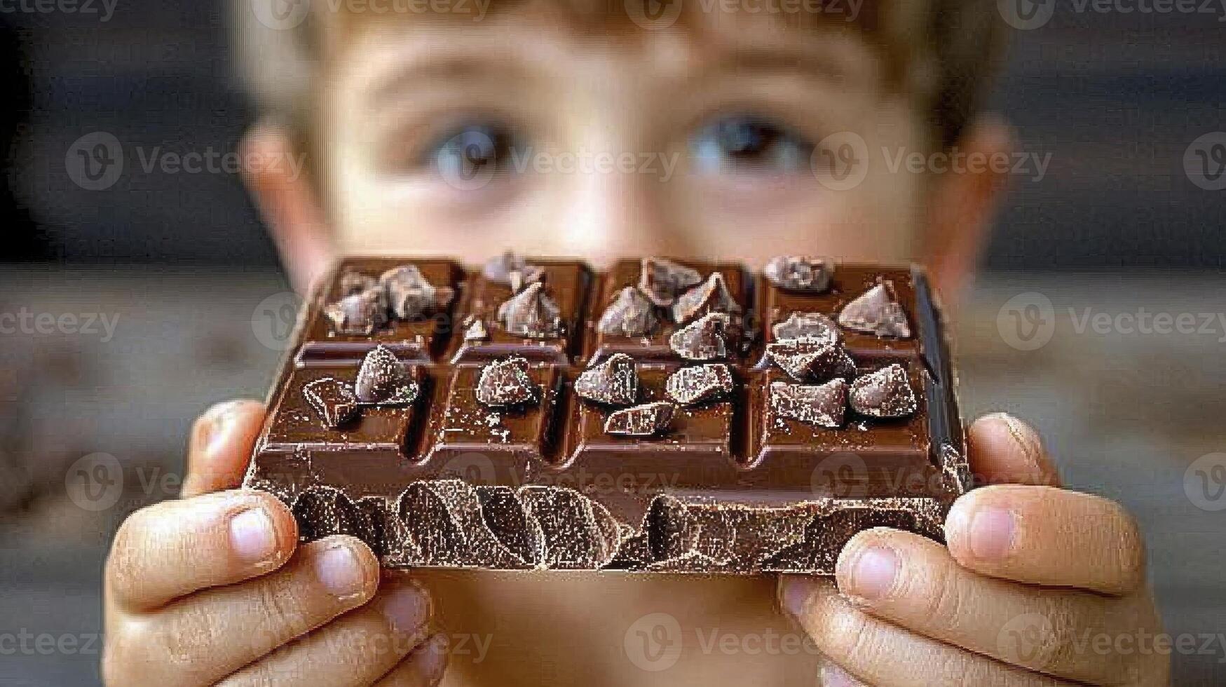 Child Holding Large Dark Chocolate Bar with Chocolate Chips photo