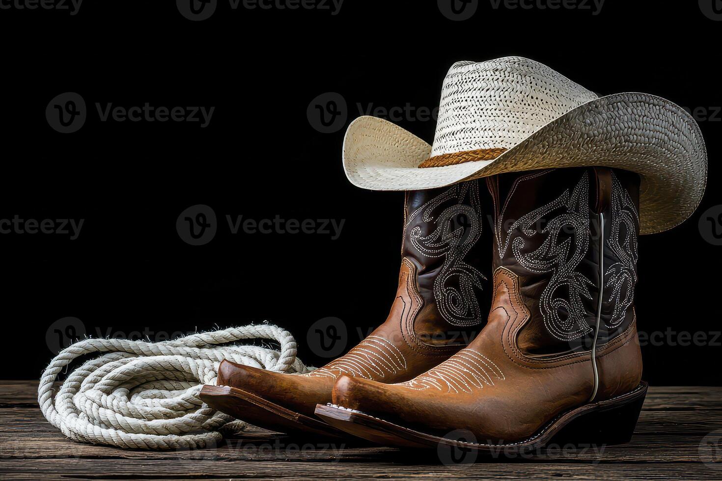 Brown Leather Cowboy Boots with Straw Hat and Rope on Dark Wood photo
