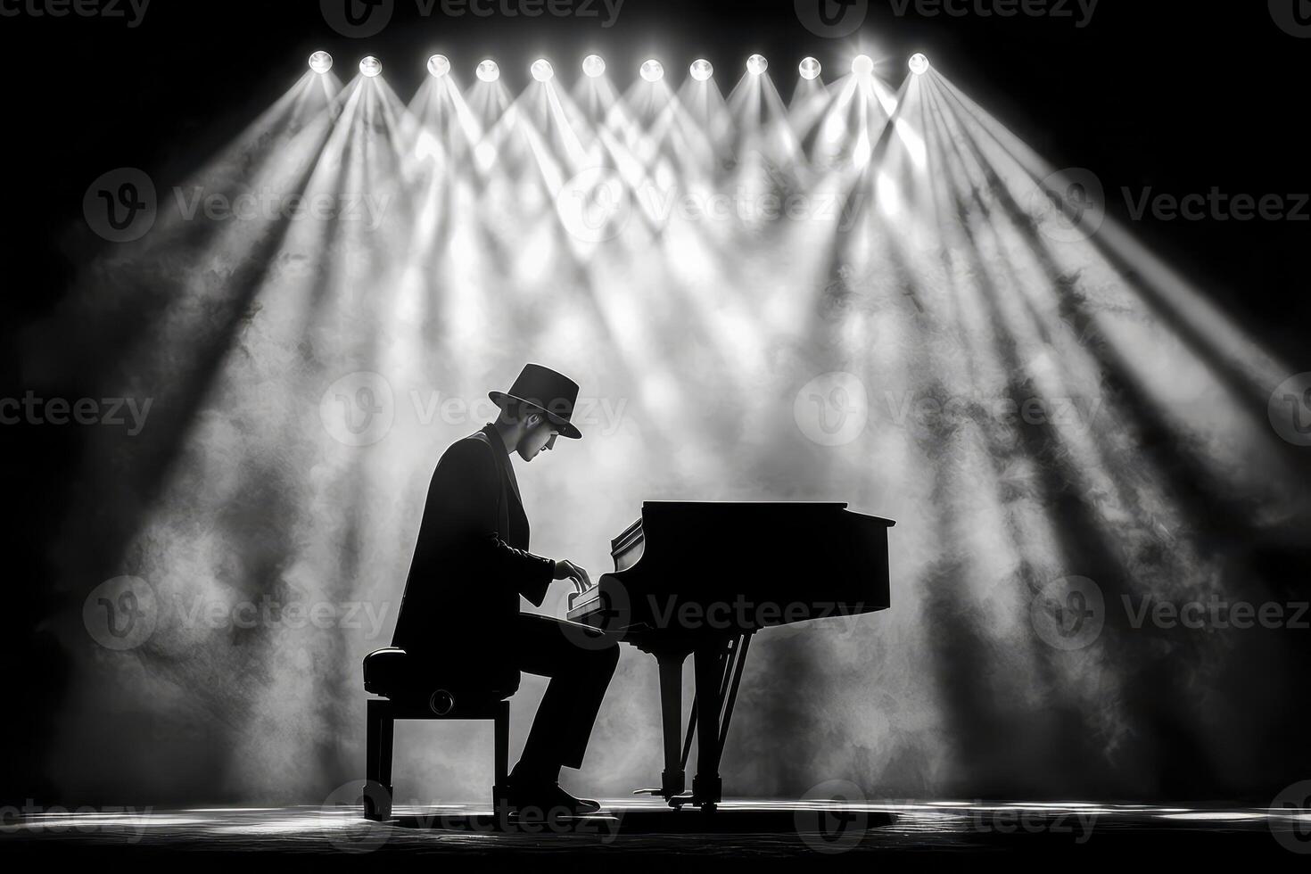Dramatic Black And White Stage Performance Male Pianist In Spotlights photo