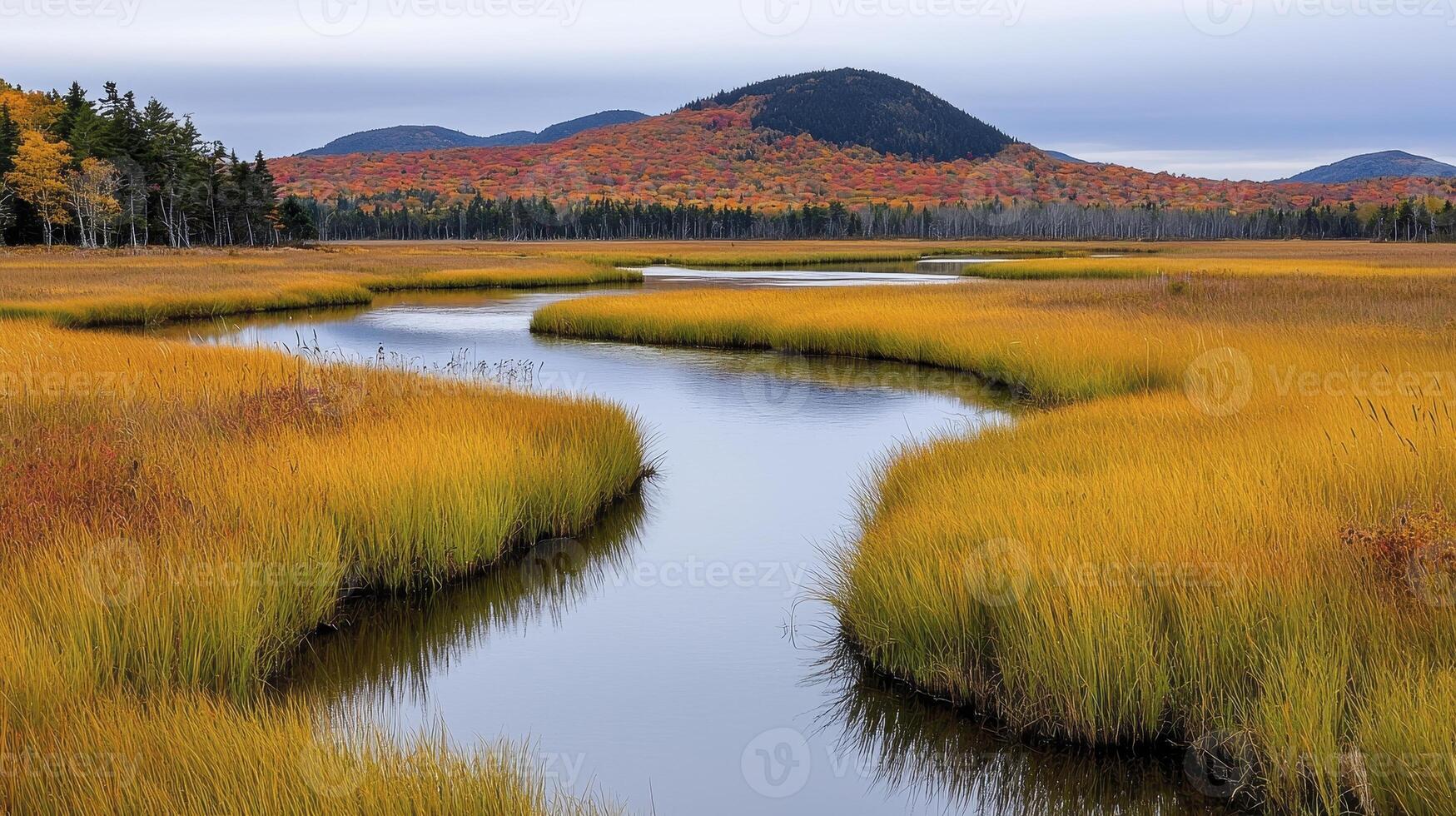 Autumn River Landscape Golden Grasses and Colorful Hillside photo